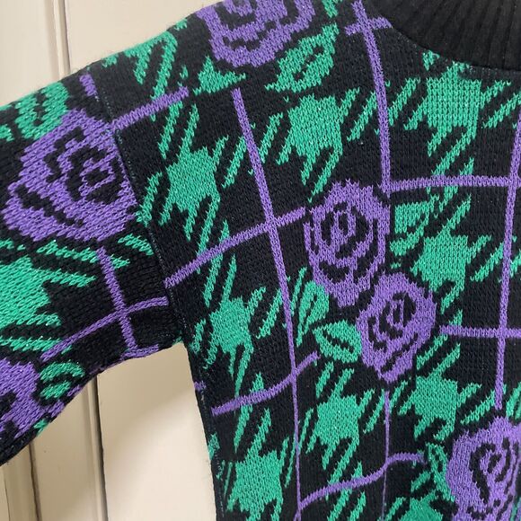 VTG Adele knitwear Green & Purple Floral Shimmer Sweater M/L Holiday Party USA - Picture 2 of 8